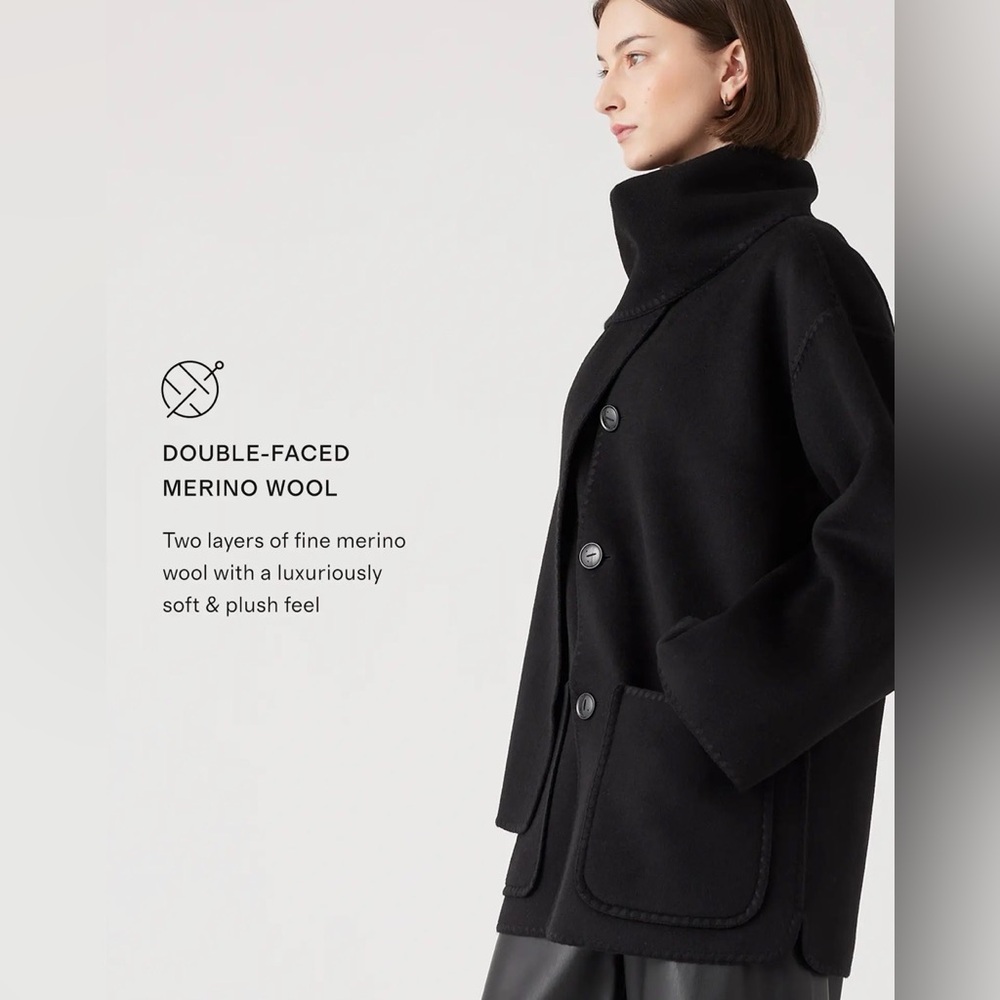 👘 Quince 👘 Double-Faced Merino Wool Scarf Coat Black S - Picture 5 of 16